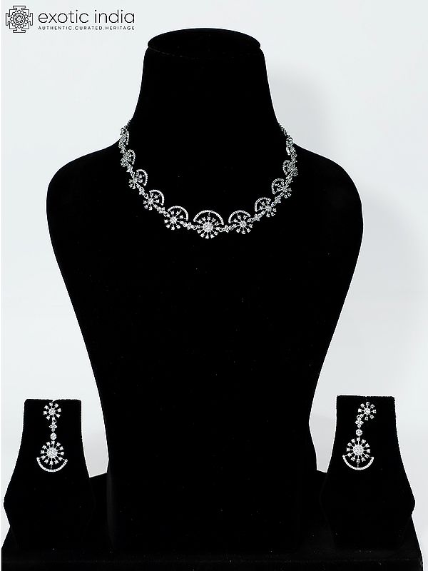 Floral Design Stunning Embellished American Diamond Necklace Set With Earrings