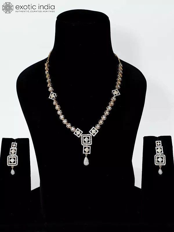 Geometric Design Embellished Stone Studded American Diamond Necklace Set With Earrings