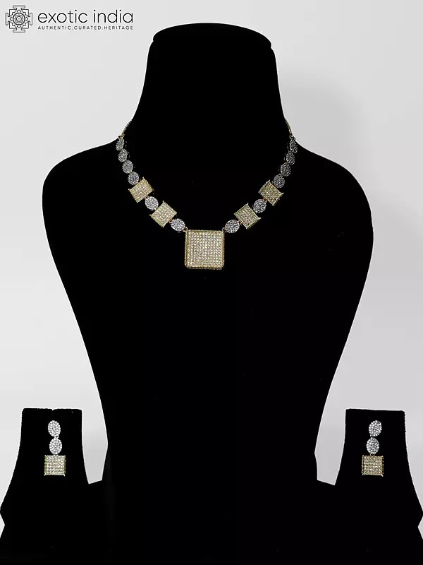 Beautiful Geometric Design Stunning American Diamond Necklace Set With Earrings