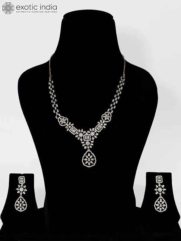 Stunning Floral Design Stone Studded American Diamond Necklace Set With Earrings