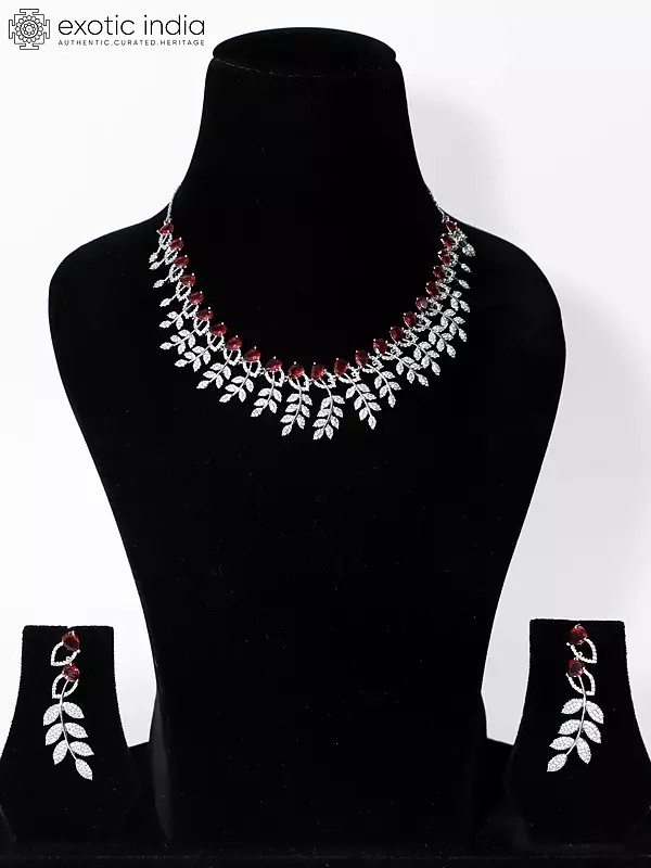 Red Floral Leaf Design Stone Studded Embellished American Diamond Necklace Set With Earrings