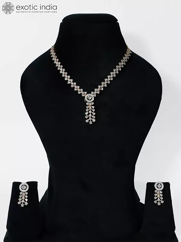 Gold Polish Base Stone Studded Embellished American Diamond Necklace Set With Earrings