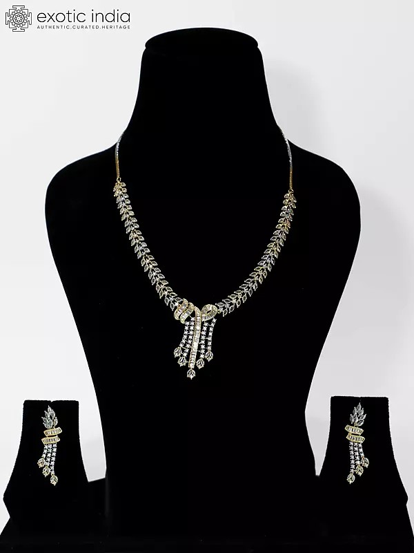 Stone Studded Unique Design Gold Polish Base American Diamond Necklace Set With Earrings