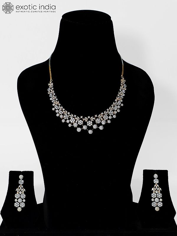 Floral Design Stunning Stone Studded American Diamond Necklace Set With Earrings