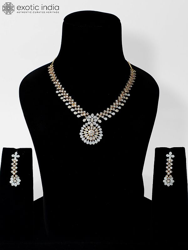 Embellished Stone Studded Floral Design American Diamond Necklace Set With Earrings