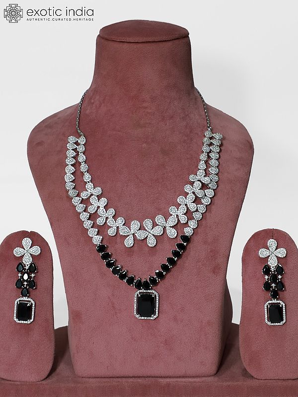 Exquisite Floral Design Two Layered American Diamond Necklace Set With Earrings