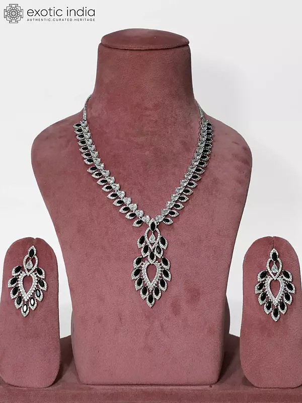 Stunning Floral Leaf Design Stone Studded American Diamond Necklace Set With Earrings
