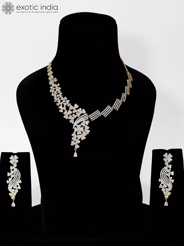 Elegant And Embellished Floral Design American Diamond Necklace Set With Earrings
