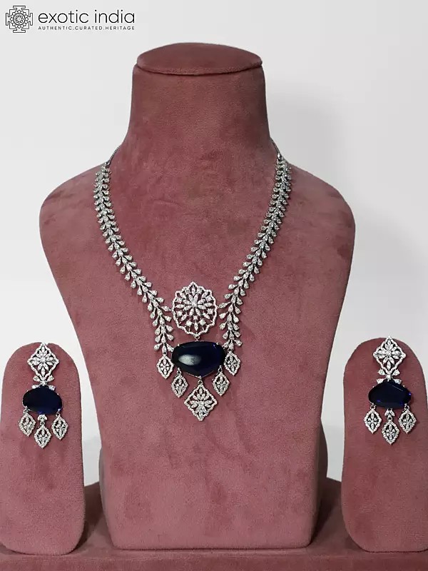 Exquisite Silver Tone Leaf Design American Diamond Necklace Set With Earrings