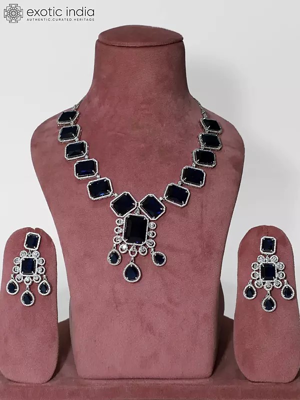 Stunning Silver Tone Stone Studded American Diamond Necklace Set With Earrings