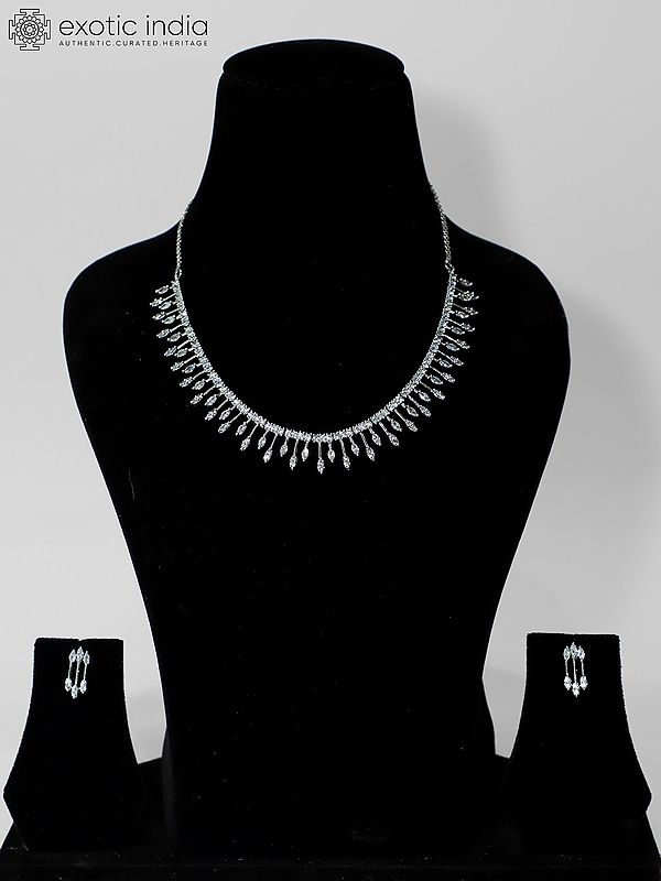 Silver-Tone Stone Studded Elegant American Diamond Necklace Set With Earrings