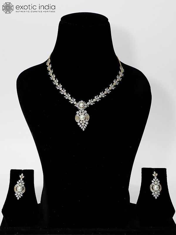 Pearl Embellished Stone Studded American Diamond Necklace Set With Earrings