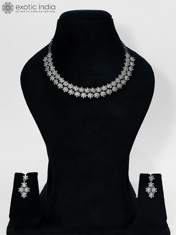 Stunning Floral Design Stone Studded Silver-Tone American Diamond Necklace Set With Earrings