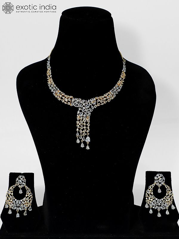 Gold-Tone Stone Studded Elegant American Diamond Necklace Set With Earrings