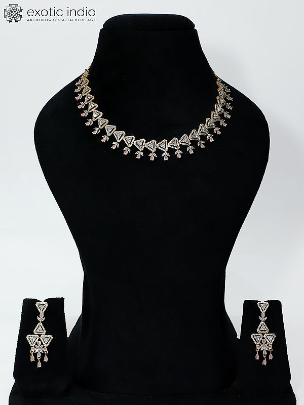 Geometric Design Stone Studded Elegant American Diamond Necklace Set With Earrings
