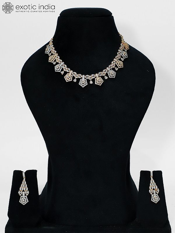 Embellished Geometric Motifs American Diamond Necklace Set With Earrings