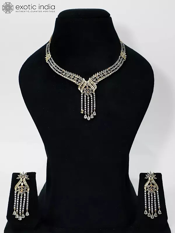 Designer Beautiful Embellished American Diamond Necklace Set With Earrings