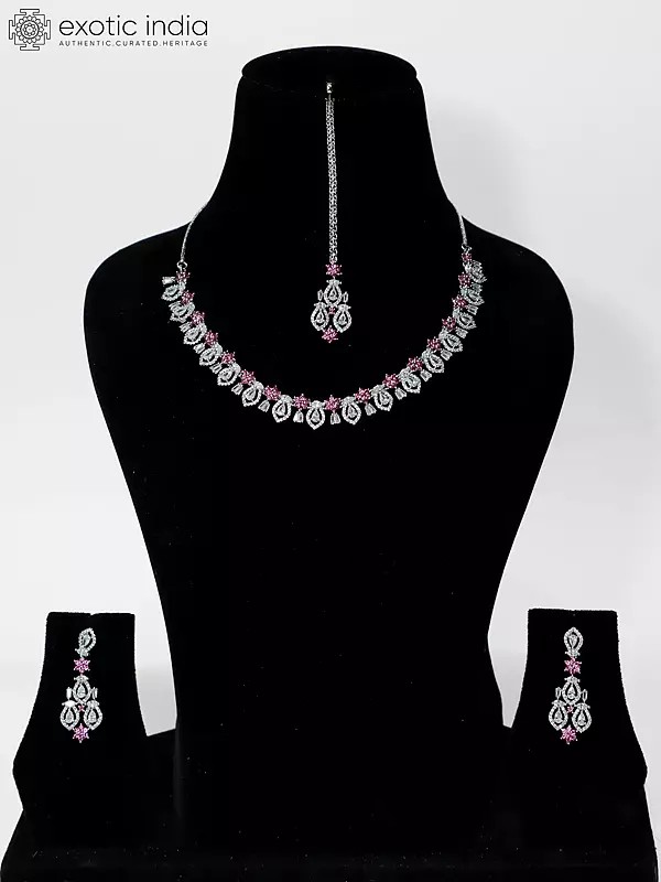 Exquisite American Diamond Necklace Set And Maang Tikka With Earrings