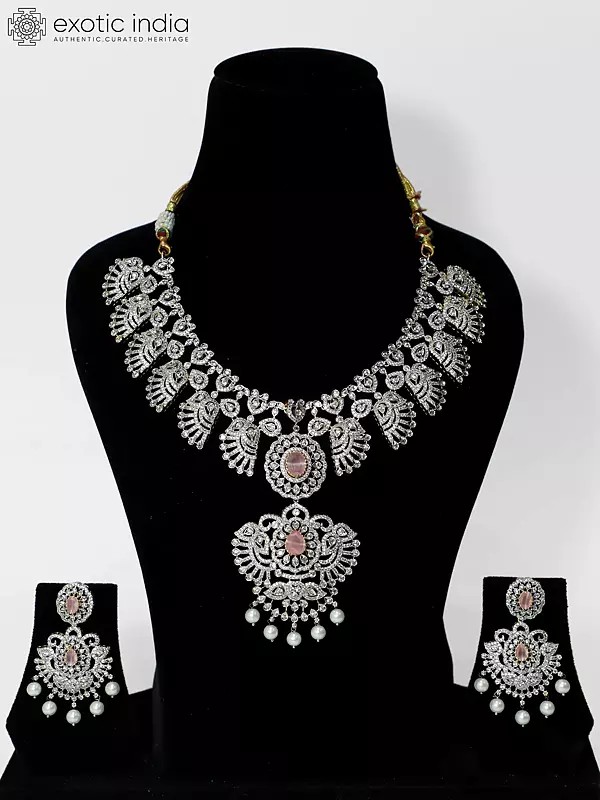 Stunning Beaded And Stone Studded American Diamond Necklace Set With Earrings