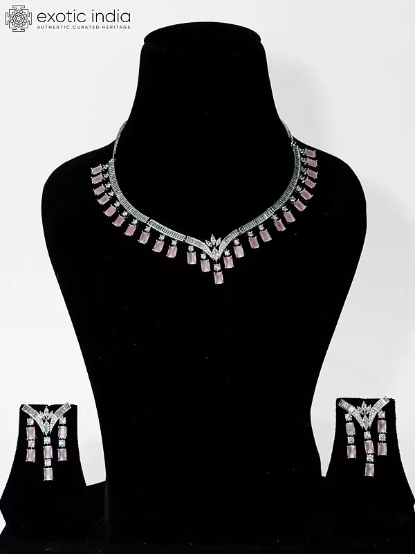 Geometric Design Stone Studded American Diamond Necklace Set With Earrings