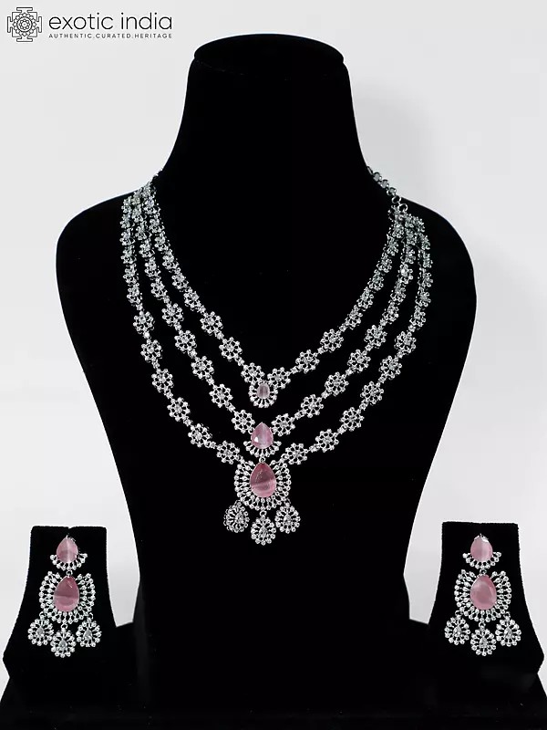 Triple Layered Stunning Stone Studded American Diamond Necklace Set With Earrings
