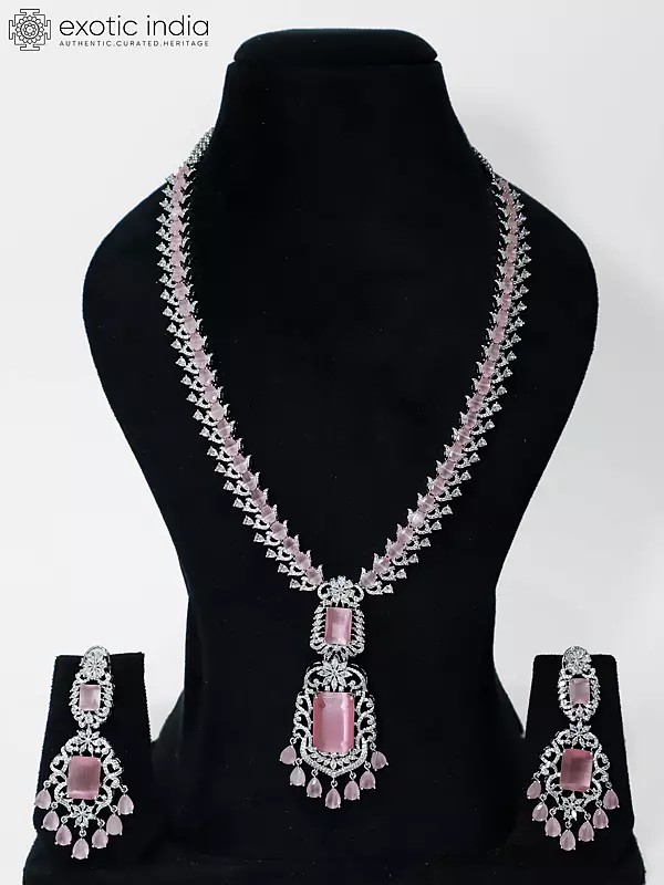 Stone Studded Long Embellished American Diamond Necklace Set With Matching Earrings
