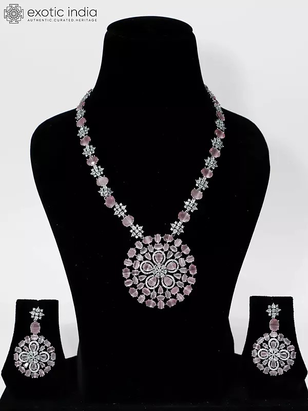 Elegant Round Stone Studded American Diamond Necklace Set With Earrings