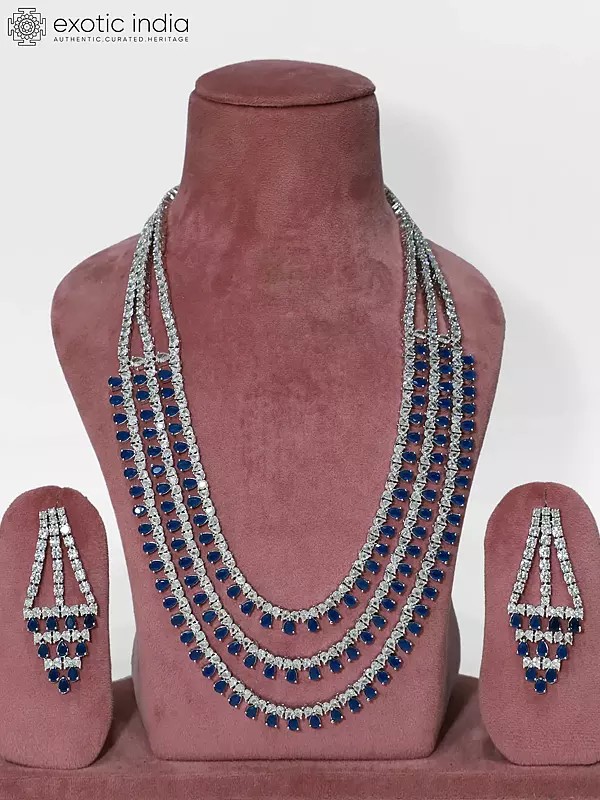 Long Triple Layered Stone Studded Beautiful American Diamond Necklace Set With Earrings