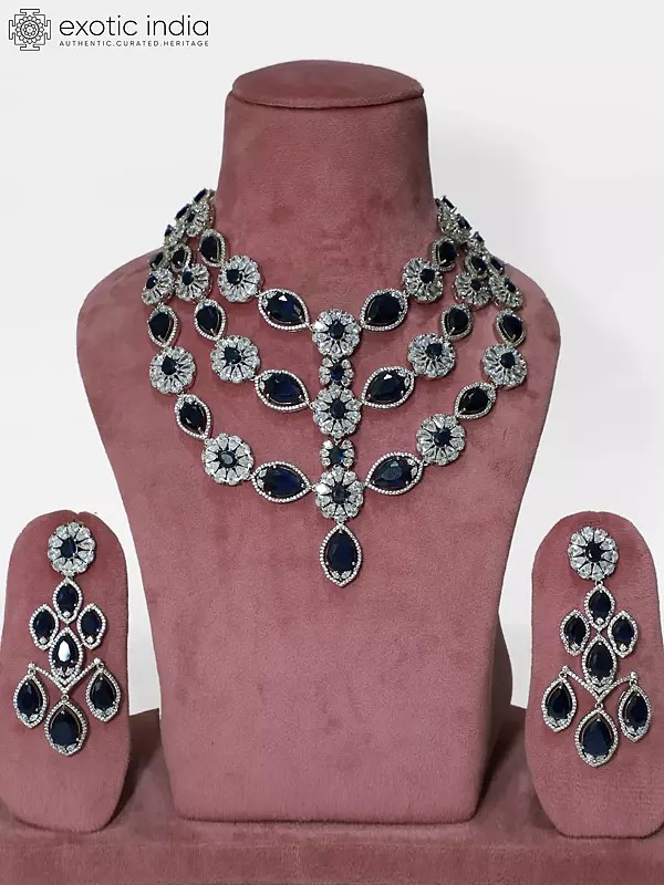 Silver-Tone Triple Layered Choker Style American Diamond Necklace Set With Earrings