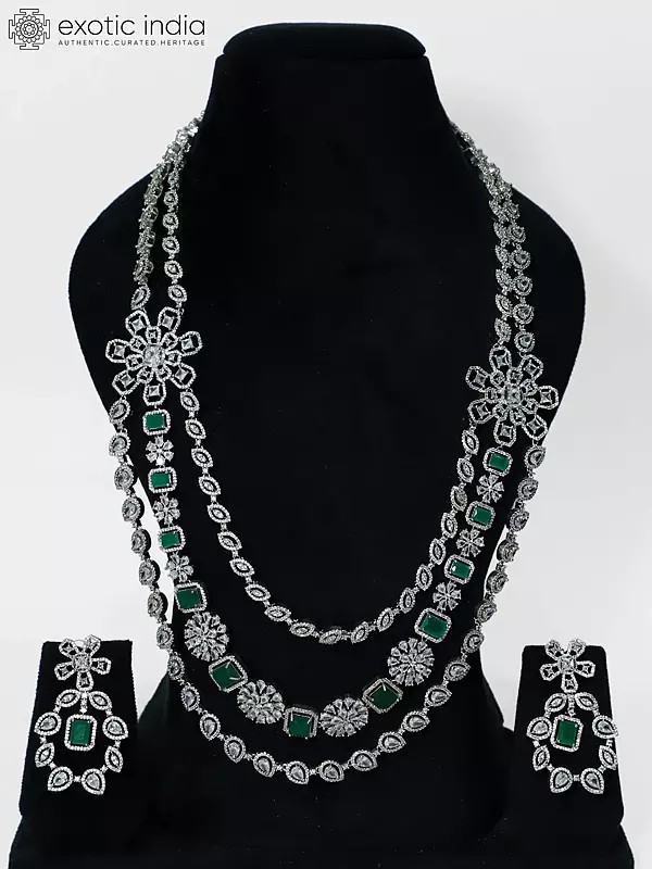 Floral Design Triple Layered Stone Studded American Diamond Necklace Set With Earrings