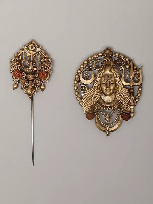 Rudraksha Trishul Lapel Pin and Lord Shiva Brooch Set