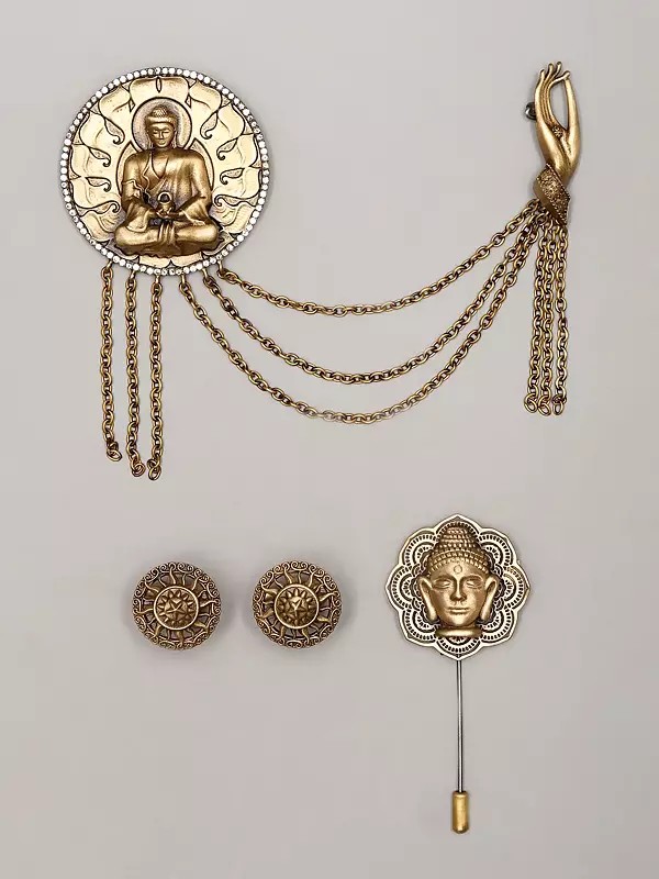Buddha Brooch and Buddha Lapel Pin with Sun Cufflinks Set