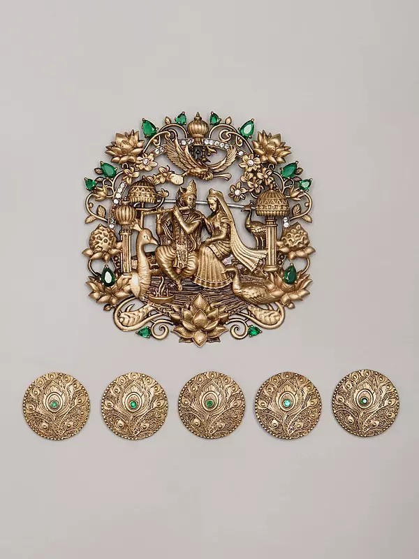 Stone Studded Radha Krishna Brooch and Five Set of Peacock Feather Design Buttons