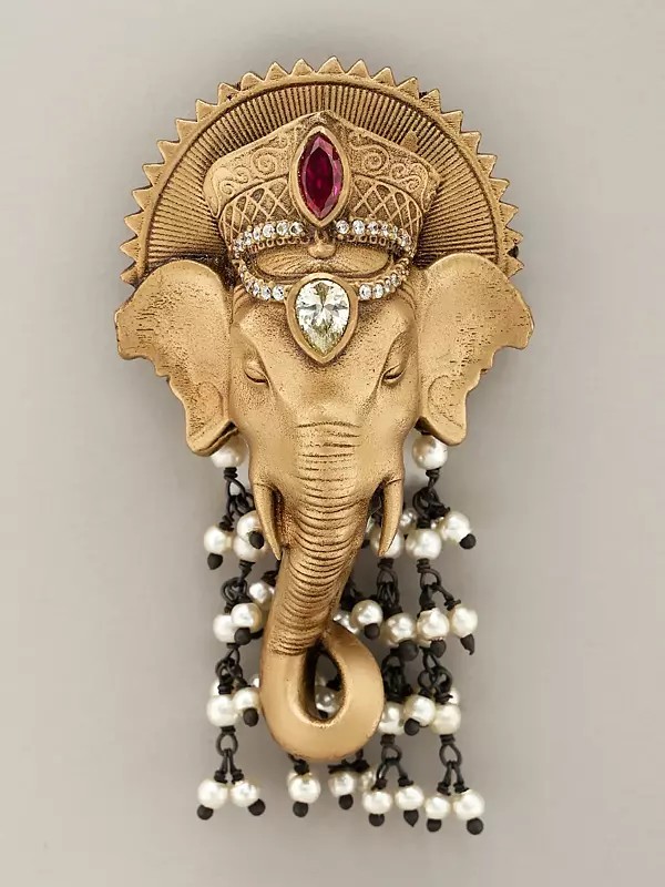 Stone Studded Lord Ganesha Brooch with Dangling Beads