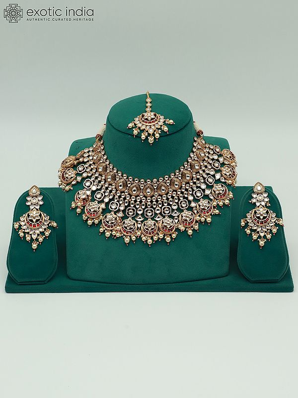 Stone Studded And Beaded Heavy Necklace Set For Bride With Earrings And Mangtika