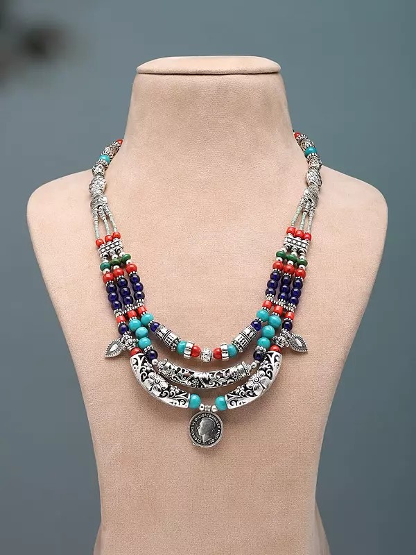 Tibetan Style Multicolor Stone Beads Necklace with Sixpence Coin