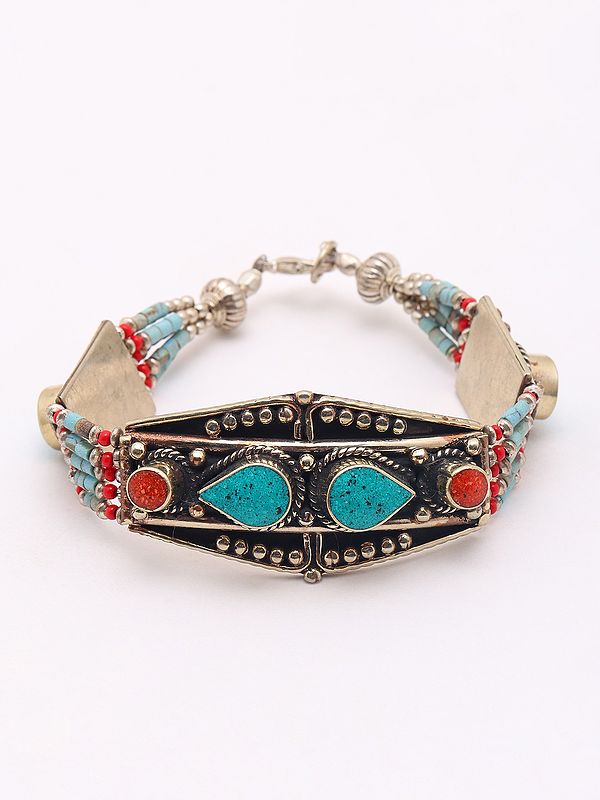 Tibetan Style Stone Studded Bracelet with Lobster Claw Lock