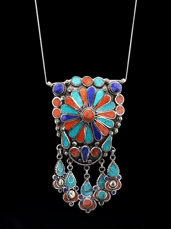 Imitation Turquoise Coral and Lapis Lazuli Studded Tibetan Style Pendant