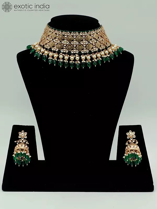 Choker Design Necklace Set With Drop Beads And Earrings