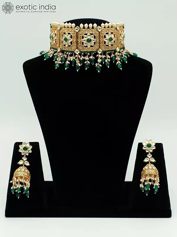 Designer Choker Set In Brass With Hanging Beads And Earrings For Bride