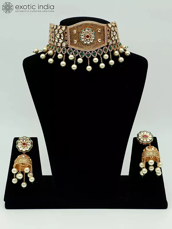 Kundan Choker Set With Hanging Pearls And Earrings In Brass