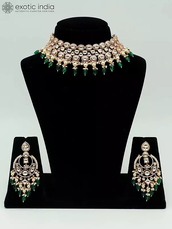 Beautiful Choker Set For Bridal With Green Hanging Beads And Attractive Earrings