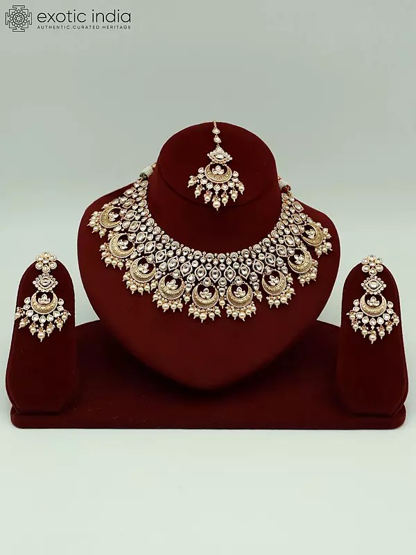 Kundan Studded Brass Necklace Set For Women With Earrings And Mangtika