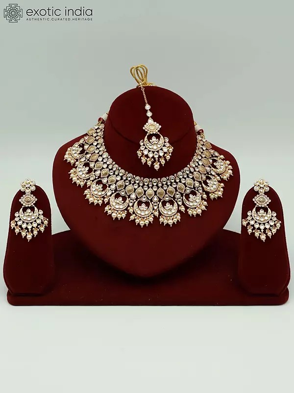 Hanging Beads Kundan Necklace With Mangtika And Beautiful Earrings