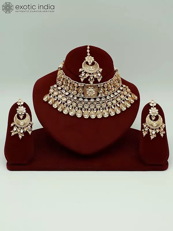 Kundan, Pearl Studded Necklace Set With Mangtika & Earrings