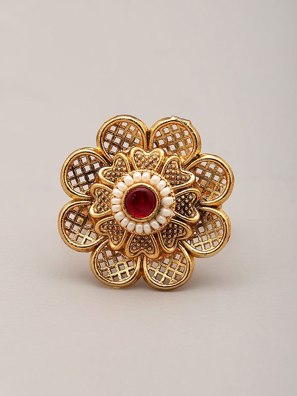 Flower Design Adjustable Ring with Beads and Stone
