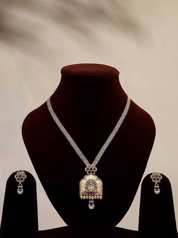 Stone Studded Goddess Lakshmi Long Necklace and Earrings Set