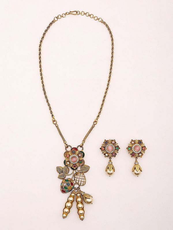Floral Design Long Necklace Set with Earrings