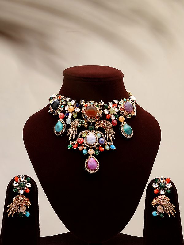 Multicolor Stone Studded Necklace and Earrings Set