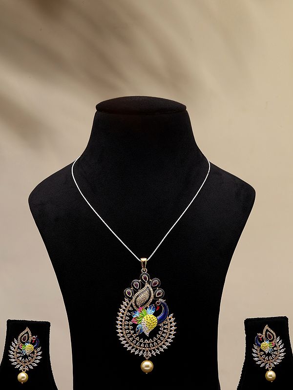 Multicolor Stone Studded Peacock Pendant and Earrings Set with Pearl Drop